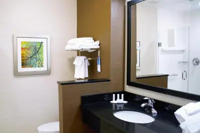 a bathroom with a sink and a mirror at Fairfield Inn & Suites by Marriott Stroudsburg Bartonsville/Poconos in Stroudsburg