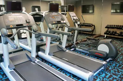 a gym with several tread machines in a room at Fairfield Inn & Suites by Marriott Stroudsburg Bartonsville/Poconos in Stroudsburg