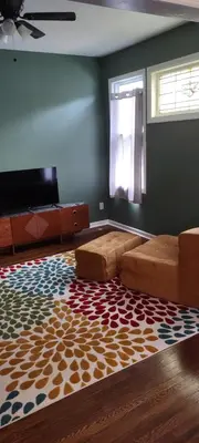 a living room with a couch and a rug at Fill Your Headspace with Tranquility Near NYC in Maplewood