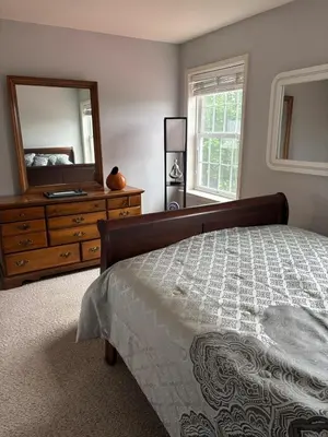 a bedroom with a bed and a dresser with a mirror at Private oasis near Lititz in Lancaster