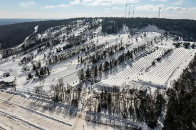 an aerial view of a ski slope in the snow at Lakeside Escape in Blakeslee
