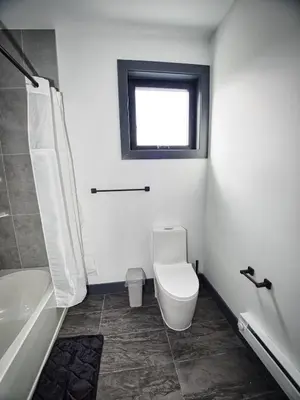 a bathroom with a toilet and a tub and a window at Luxurious and Spacious Apt with Parking 20 min to NYC in West New York
