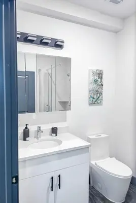 a white bathroom with a toilet and a sink at City excitement -Studio 20 Minutes to (42st) NYC in West New York