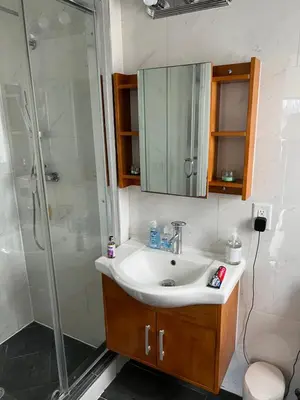 a bathroom with a sink and a shower at Private Suite Hudson River View in Union City