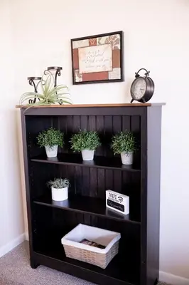 a black book shelf with potted plants on it at Cozy Home In The Middle Of Amish Country in Ronks