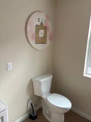 a bathroom with a toilet and a mirror on the wall at Luxury Apartment near Airport in Newark