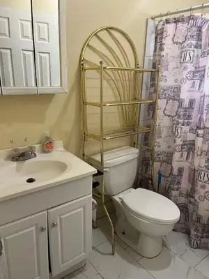 a bathroom with a toilet and a sink and a shower curtain at 2131 Double Room F in Philadelphia