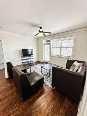 a living room with two couches and a tv at The Waverly in Newark