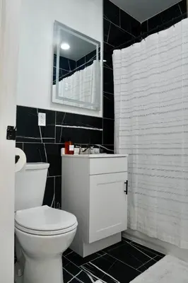 a bathroom with a white toilet and a mirror at Prime Oasis,1 mi to Temple U,Washer and Dryer,Free Snacks in Philadelphia