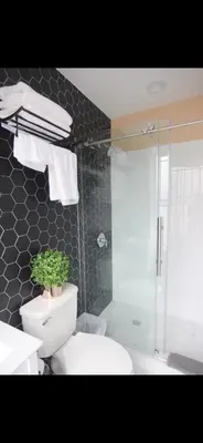 a bathroom with a toilet and a shower with a plant on it at Fresh&Quiet one bedroom Apartment in University City near Drexel&UPenn in Philadelphia
