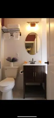 a bathroom with a toilet and a sink and a mirror at Sunny&Cozy Apartment in University City near Drexel&UPenn in Philadelphia