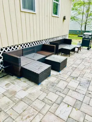 a patio with three benches on a building at LUX Poconos Home MINS to Lehigh Valley Hosp in Pocono Summit