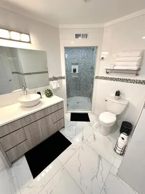 a white bathroom with a shower and a toilet at Luxury escape near New York City in Weehawken