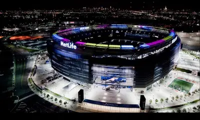 a view of a soccer stadium at night at Spacious 3BR Home Near Newark Airport in Newark
