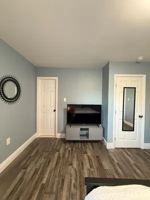 a bedroom with blue walls and a flat screen tv at New house close to Fairmount Park in Philadelphia