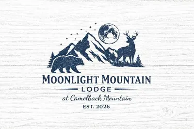 a logo for a mountain lodge with a bear and deer at Moonlight Mountain Lodge on Camelback Mountain! in Tannersville