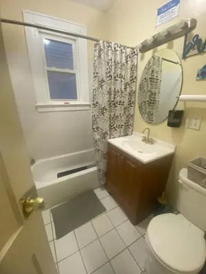 a bathroom with a toilet and a sink and a mirror at Vibrant home all to yourself in Newark