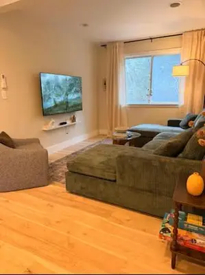 a living room with a couch and a flat screen tv at Modern 3-Bedroom Retreat with Fire Pit - Ski at Big Bear - Mountain Views in Eldred