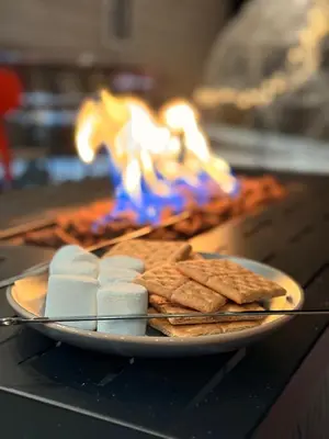 a plate of cheese and crackers in front of a fire at Mountain Whispers in Albrightsville