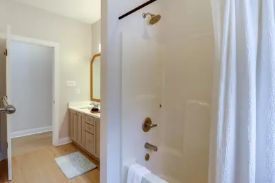 a bathroom with a shower and a sink at Walk to Big Boulder Mtn and Lake, Home with Hot Tub! in Lake Harmony