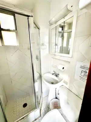 a bathroom with a toilet and a sink and a shower at Private Studio Near NYC - Easy Commute & Workspace in Guttenberg