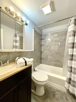 a bathroom with a toilet and a tub and a sink at Very cozy 3 bedroom house close to everything in Chester