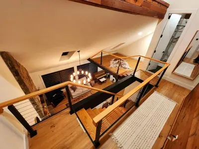 an overhead view of a living room with a fireplace at Pocono Ski Home Fire Pit Game Room EV in Tobyhanna