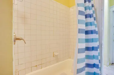 a bathroom with a blue and white shower curtain at Easy City Commuting! Walkable Newark Duplex in Newark