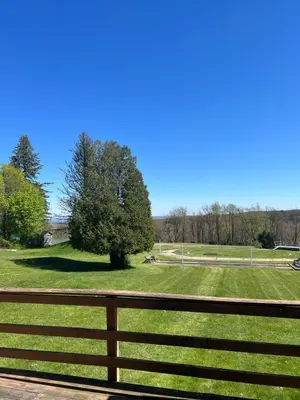 a fence in front of a field with a tree at Skyline Inn in Mount Pocono