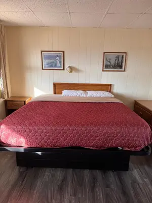 a bedroom with a large bed with a red comforter at Coachman Motor Lodge in Elmira