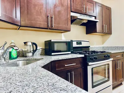 a kitchen with a sink and a stove top oven at Ultra-Modern Luxury Room Executive Stay Near NYC in Paterson