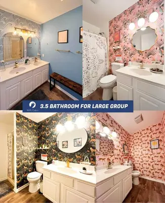 a bathroom with two sinks and a bathroom for large group at PrivatePool|Hot tub|Sauna|HomeTheater|Backyard in Long Pond