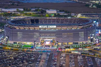 an aerial view of a nintendo stadium at night at World Cup Stay Close to MetLife Stadium NYC in Waldwick