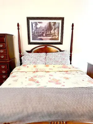 a bedroom with a bed with a picture on the wall at Home away from home, Classic Victorian Haven in Harrisburg