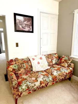 a couch sitting in a living room with aolicy at Home away from home, Classic Victorian Haven in Harrisburg