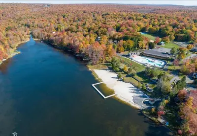 an aerial view of a body of water at Cozy Pocono Retreat in Tobyhanna