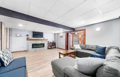 a living room with two couches and a fireplace at Peaceful 4 Bedroom Home located near Lake in Hawley