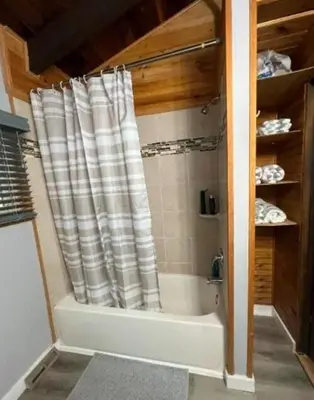 a bathroom with a shower and a bath tub at Peaceful 4 Bedroom Home located near Lake in Hawley