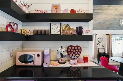 a kitchen with a counter with a microwave on it at Couples Lakefront Retreat in the Poconos in Saylorsburg