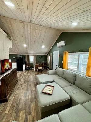 a living room with a couch and a tv at Manatawny Creek Cottage in Boyertown