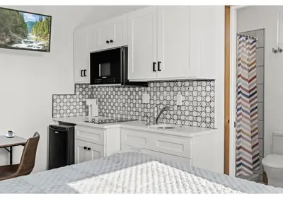 a kitchen with white cabinets and a sink and a microwave at Center City Philadelphia GSN Bloom 1 in Philadelphia