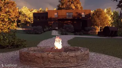 a fire pit in a yard in front of a house at The Goldenrod - Catskills Mountain Retreat