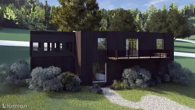 a rendering of a black house on a lawn at The Goldenrod - Catskills Mountain Retreat