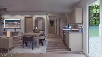 a rendering of a kitchen and dining room at The Goldenrod - Catskills Mountain Retreat