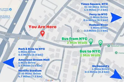 a map of the bus from nyc to kings cross at Group Retreat 15Min to NYC, MetLife, Mall, FREE Pa in North Bergen