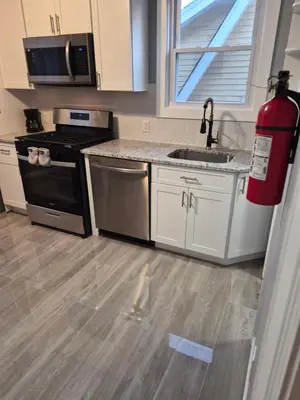 a kitchen with a stove and a sink and a fire hydrant at Serene Haven of Tranquility in Maplewood