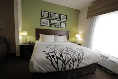 a bedroom with a bed and a window with pictures on the wall at Express Inn & Suites in Harrisburg