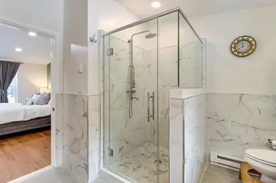 a bathroom with a glass shower with a toilet at Family-Friendly Home 6 Mi to Big Boulder Mtn! in Albrightsville