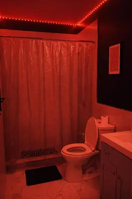 a bathroom with a shower with a toilet and a sink at Midnight Ember Moody City 1BR Escape in Philadelphia