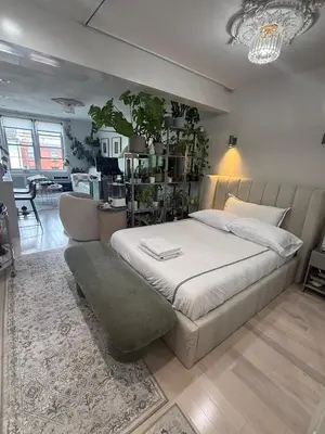a bedroom with a large bed and a living room at Serene Studio in Brooklyn Heights in Brooklyn